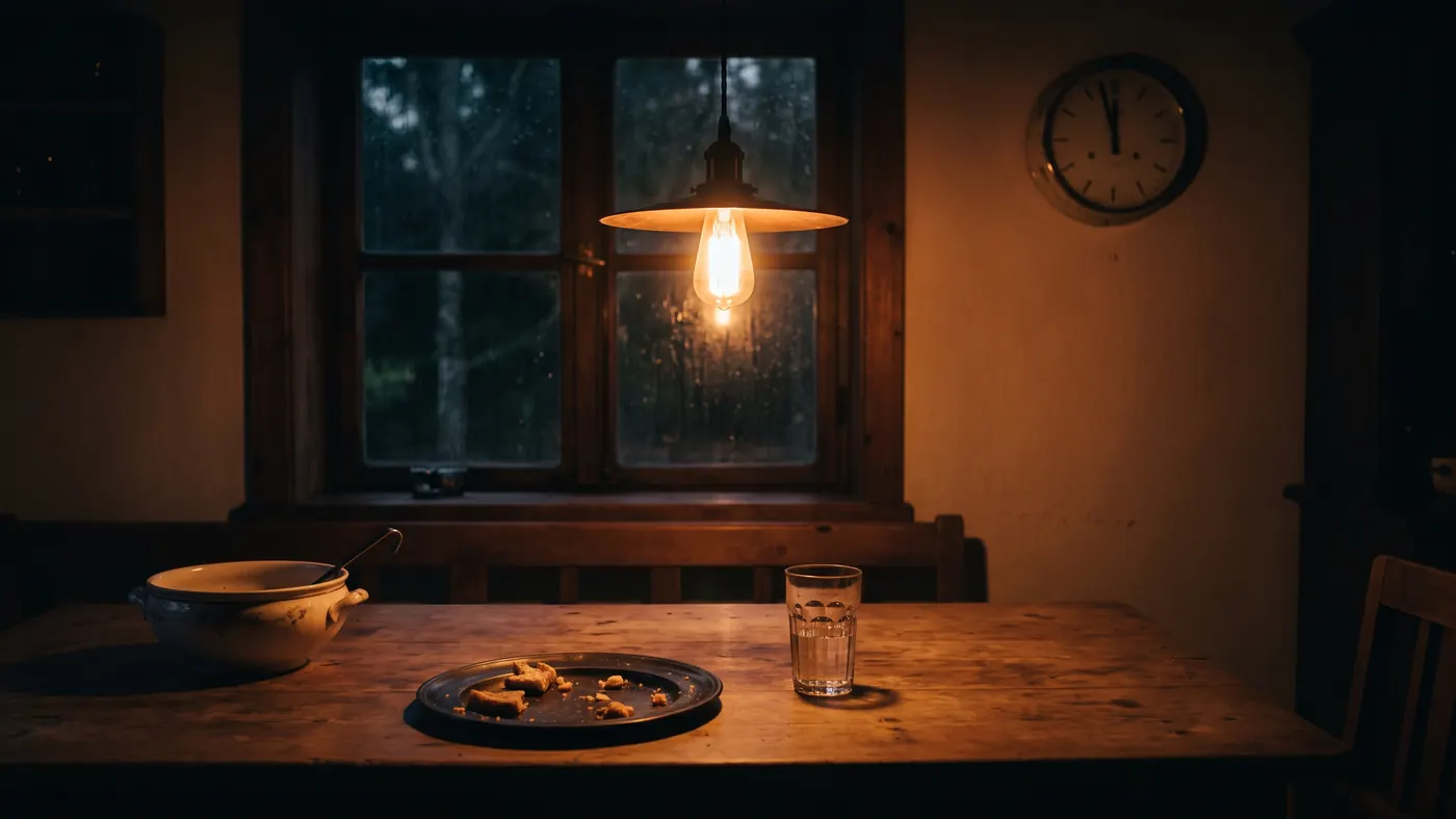 A home dining table under one lamp late at night, the plates not yet cleared