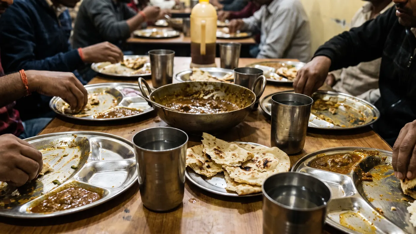 A crowded dhaba table mid-meal — steel thalis, a shared karahi of curry and torn rotis
