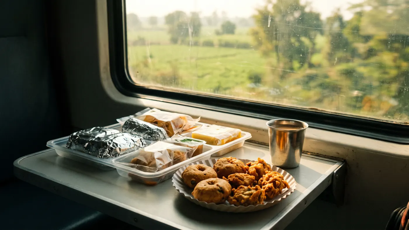 Train food on a fold-down table beside a window, with a steel tumbler of tea