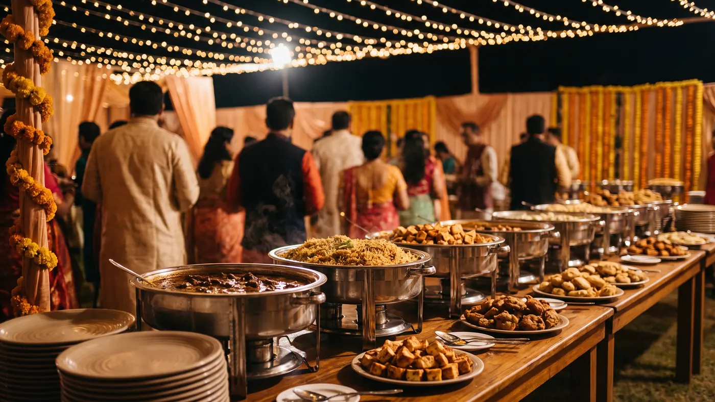 A wedding banquet buffet line of steel serving trays under warm lights