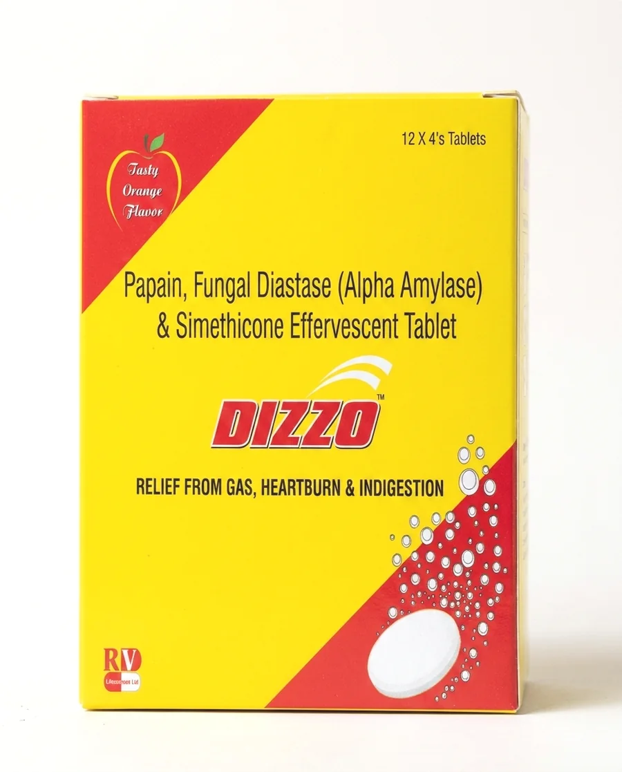 The Dizzo Tablet carton — tasty orange flavour, twelve strips of four tablets