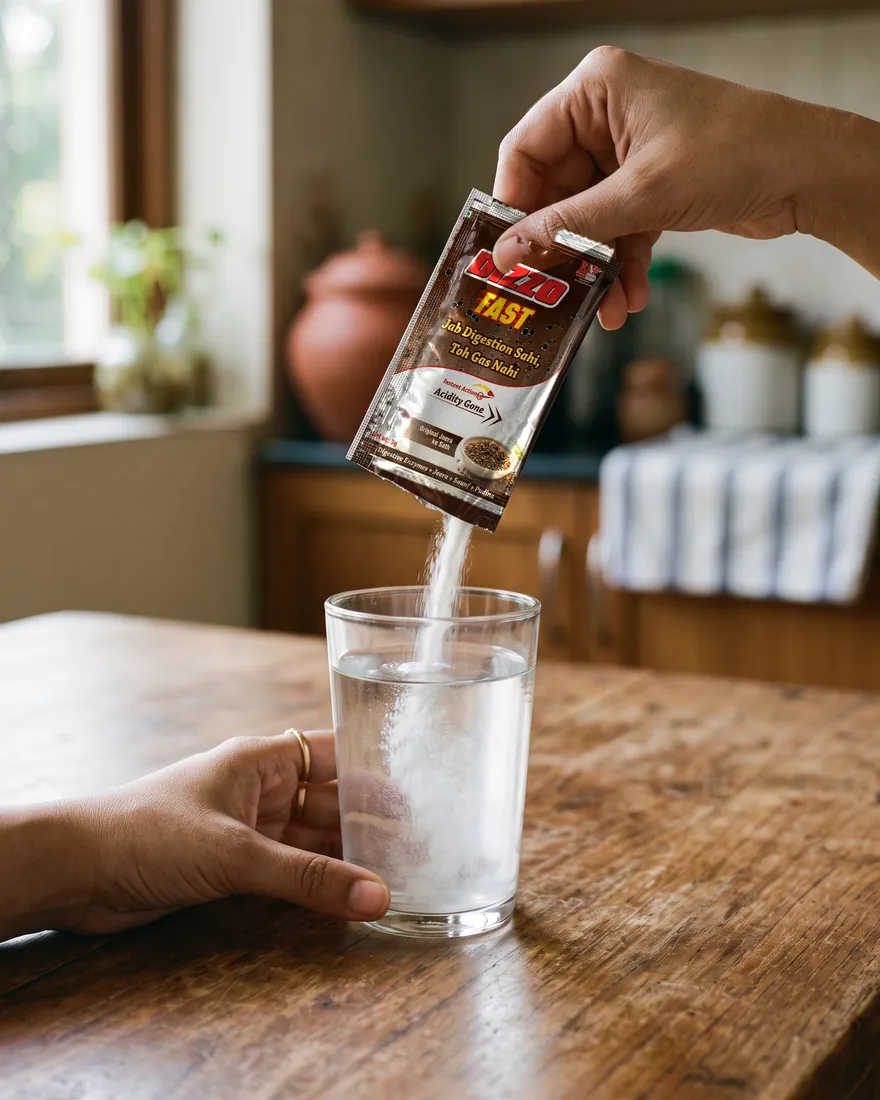 A hand tipping a Dizzo Fast sachet into a glass of water held on a kitchen table