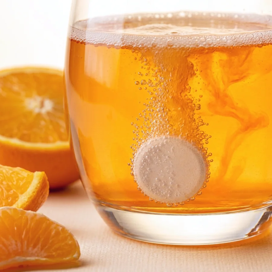 An effervescent tablet dissolving in a glass of orange water, colour ribboning outward