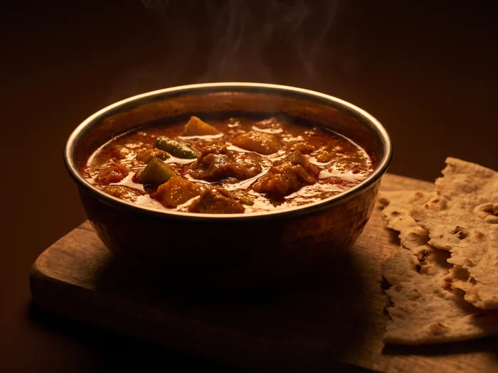 A bowl of rich, oily curry with a torn roti beside it, lit against dark brown